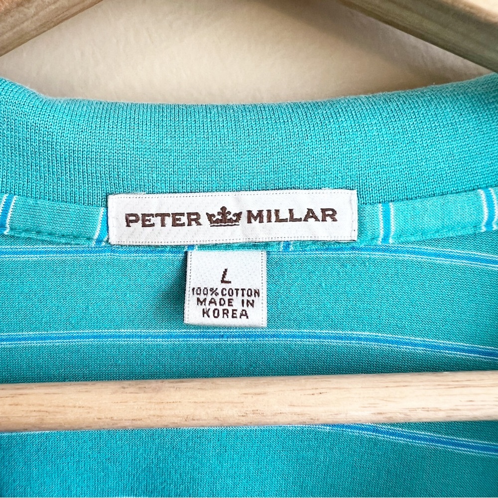 PETER MILLAR men’s turquoise polo golf shirt size large striped 100% cotton - Picture 3 of 6